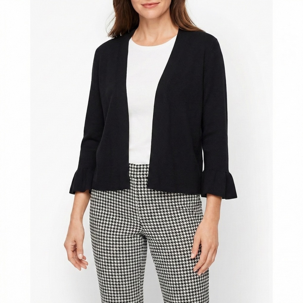 TALBOTS Cotton / Modal Blend Black Cropped Open Front Cardigan Bell Sleeves XL